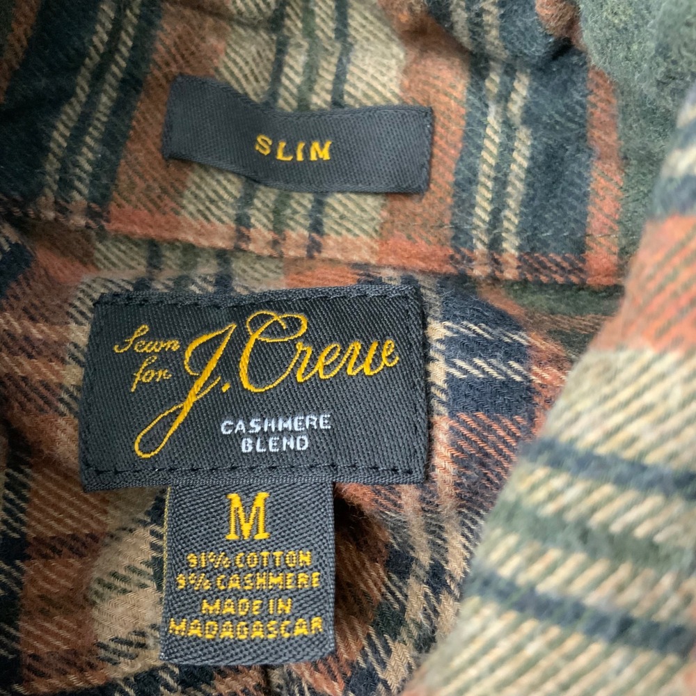 J.Crew Mens Slim Fit Cotton Cashmere Blend Plaid Flannel Shirt Green Orange M - Picture 8 of 8